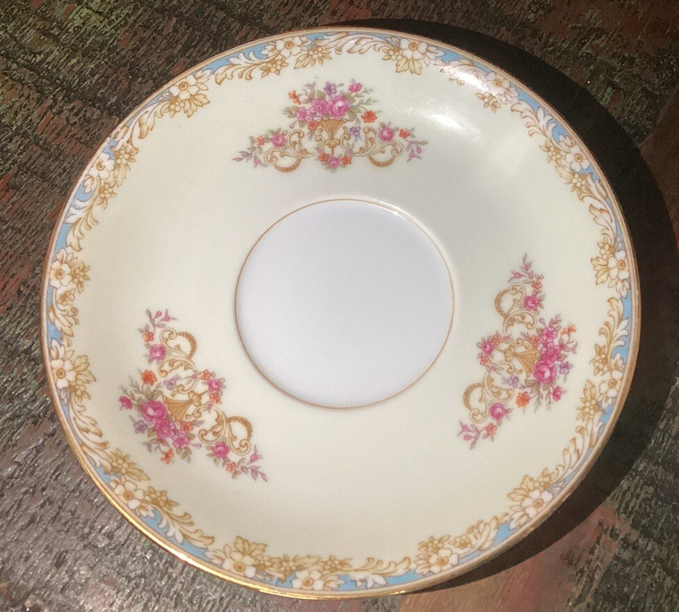 Noritake China Tea Cup & Saucer Japan Blue Edges Pink Flowers Gold