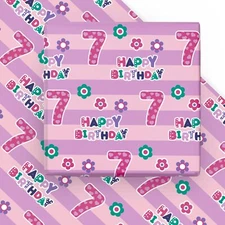 7th Birthday Wrapping Paper Sheet - 6 Sheets Pink Happy Birthday with Floral ...