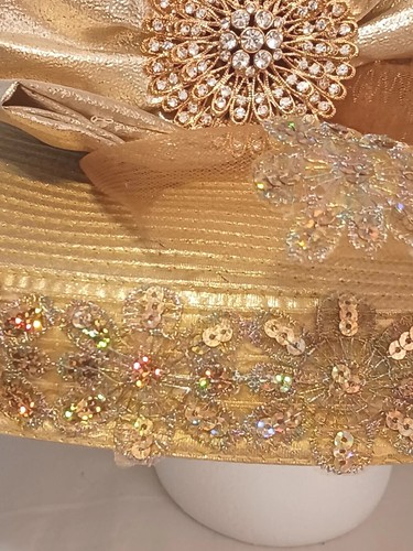 Whitall & Shon Gold Church Derby Womens Hat Gemstone Center Lace & Sequin Detail - Picture 3 of 15