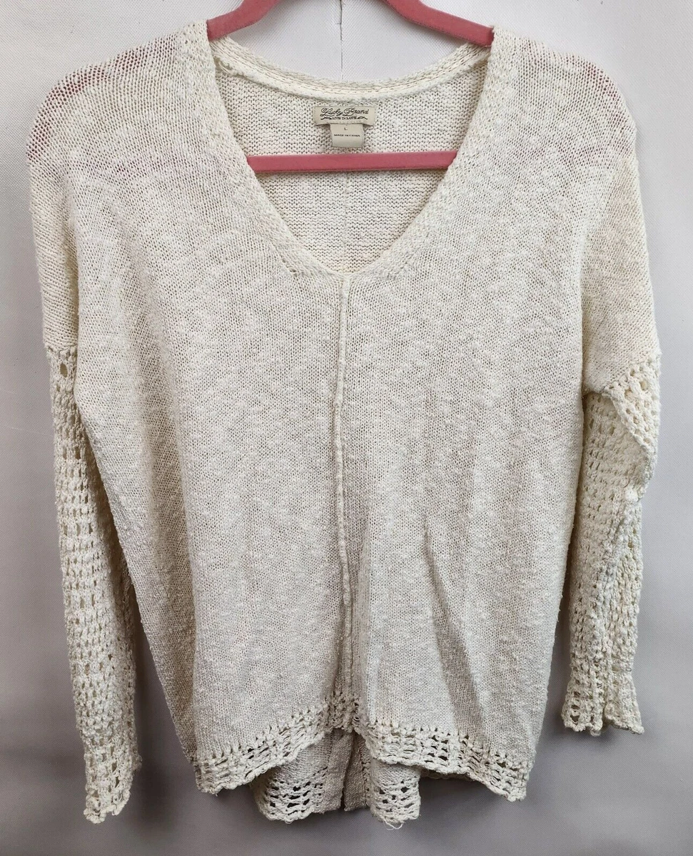 Lucky Brand Womens Sweater Large Cream Mixed Weave Knit BOHO