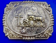 Praying Kneeling Cowboy Horse at Cross Religious Faith Western Belt Buckle
