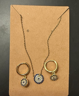 Gold Tone Evil Eye Blue Crystal Pavé Round Charm Pendant Cable Chain Necklace