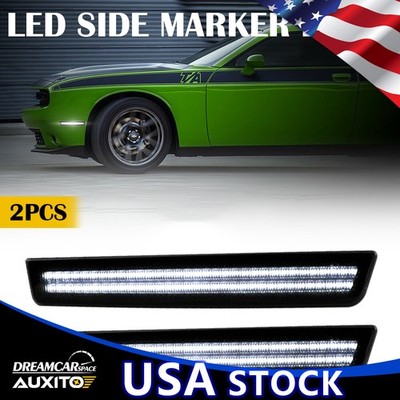 For 2X 2015-2022 Dodge Challenger LED Side Marker Light Smoke Front White LED