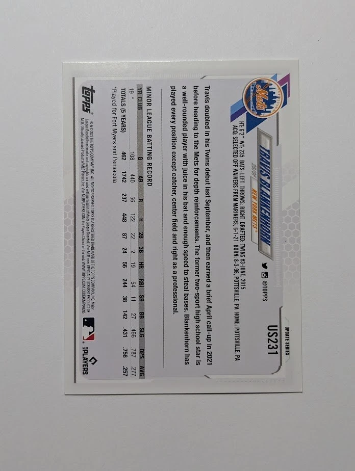 2021 Topps Update Series Rookie RC # US231 Travis Blankenhorn - Image 2 of 2