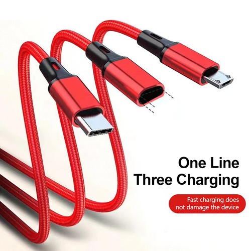 USB Charger Charging Cable 3 In 1 Multi Head for Most Devices Nylon Thread - Picture 2 of 17