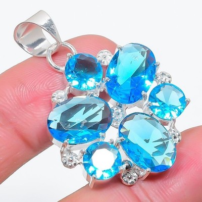 Swiss Blue Topaz Gemstone Handmade 925 Sterling Silver Jewelry Pendant Size 2''