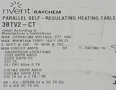 nVent Raychem 3BTV2-CT Self-Regulating Heating Cable 3 Watts/Ft 200-277V /1ft