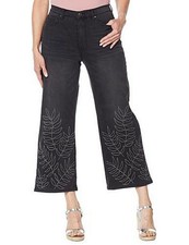 DG2 Diane Gilman Classic Stretch Needle Punch Cropped Wide-Leg Jean Black 8 New