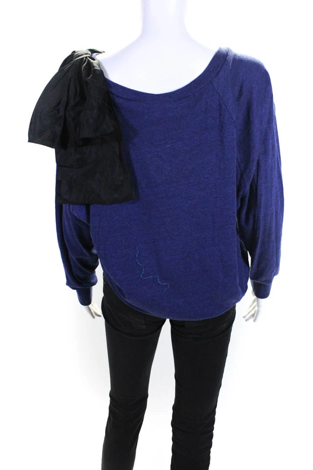 Thread Social Womens Long Sleeve Ruffled Trim Scoop Neck Shirt Blue Cotton XS/S - Image 3 of 4