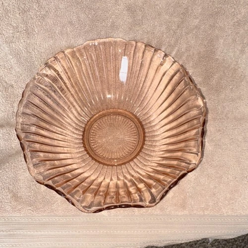 Pink Ribbed Depression Glass Decorative Bowl Round Glossy