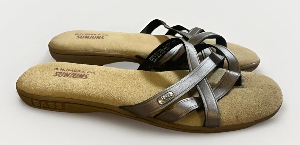 Sandalias entrecruzadas de cuero plateado G H Bass Sunjuns Sharon 2.0 para mujer 9W NNB Foto 2 de 4