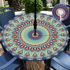 Outdoor Tablecloth with Umbrella Hole Waterproof Round Fitted Tablecloth 