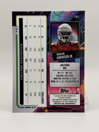 MARVIN HARRISON JR - 2024 Topps Cosmic Chrome Football #101 - ROOKIE REFRACTOR - Picture 2 of 2