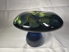 Blenko Glass Mushroom - Cobalt With Yellow/Green - 4” Height X 5” Cap Width