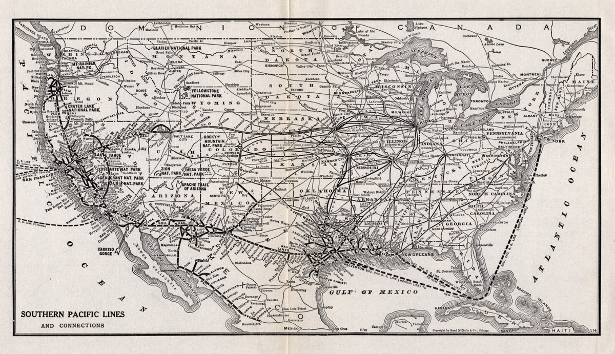 1925 Antique SOUTHERN PACIFIC RAILROAD Map Vintage Railway