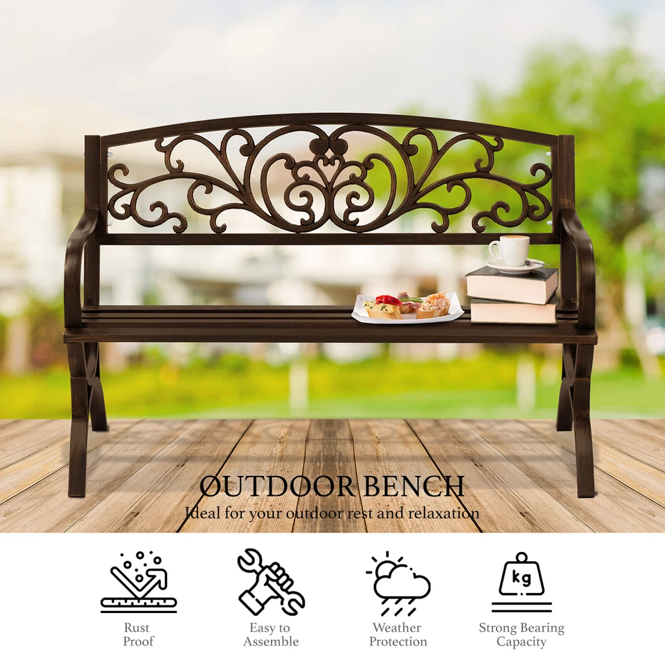 50" Outdoor Patio Seat Garden Bench Cast Iron Porch Park Lawn Yard Bronze Floral - Image 3 of 4