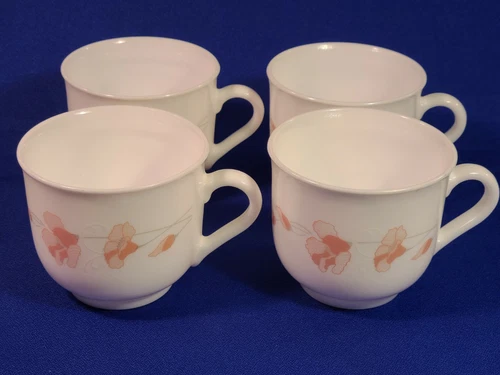 Set Of 4 Arcopal " Linette " Peach Flowers Cups Teacups Mugs, France