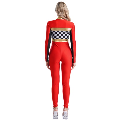 Womens Speed Race Car Driver Halloween Checkerboard Bodysuit Racing Costume - Picture 8 of 32