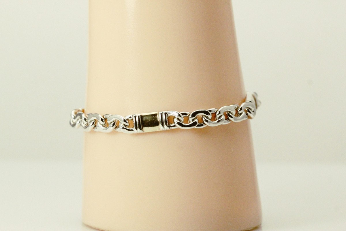 925 Sterling,750 Silver & 18K Yellow Gold Italy Chain Bracelet