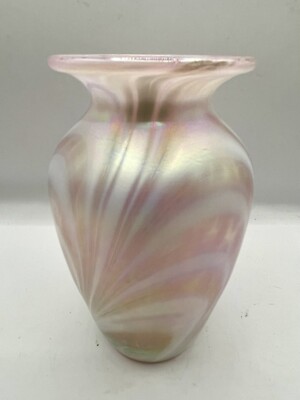 MSH ASH Roger Vines Studio 1986 Signed Hand blown Pink  Feathered Swirl Vase