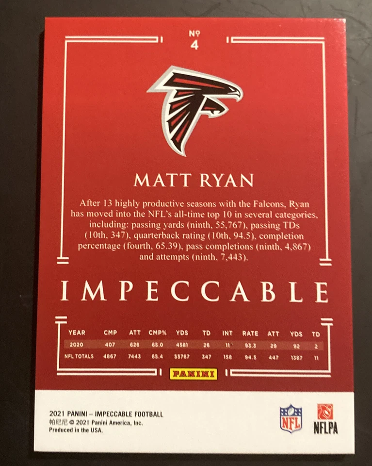 Matt Ryan 2021 Panini Impeccable Bronze #d /35 Falcons #4 - Image 2 of 2