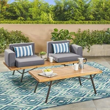 Nora Outdoor Acacia Wood Chat Set, Teak Finish and Dark Gray