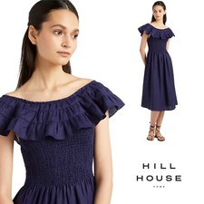 NEW Hill House Home Akilah Nap Dress Navy Blue Ruffle Smocked Midi Linen Small