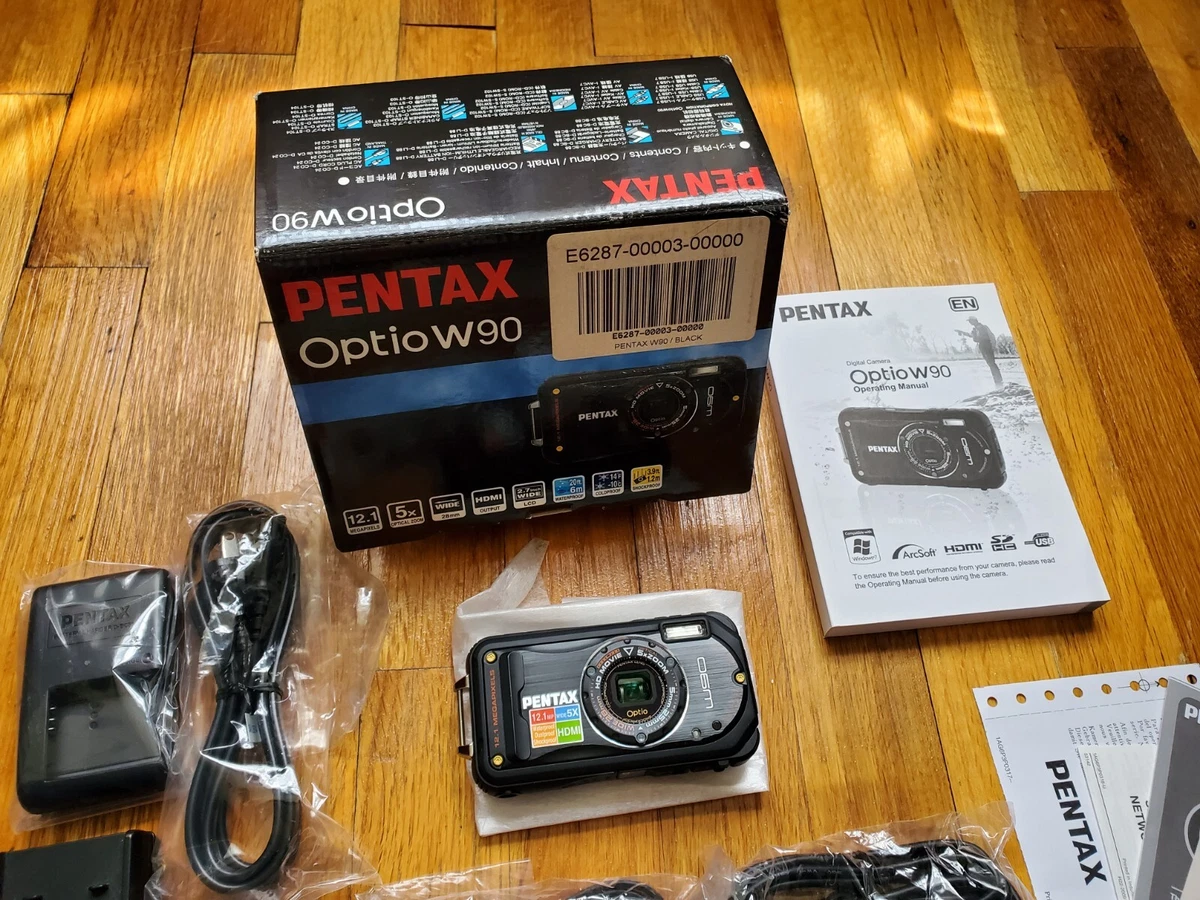 PENTAX Optio W90 12.1MP Waterproof Digital Camera Black w/Box + Accessories