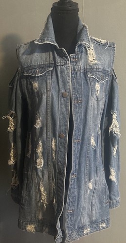 Ziva Curve Denim Jacket Distressed/ Ripped Button Down Medium Cold Shoulder