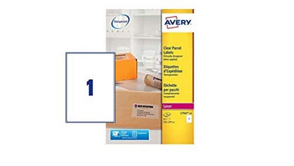 Avery Self Adhesive Clear Parcel Shipping Labels, Laser Printers, 1 Label per A4