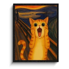 Framed Funny Orange Tabby Cat Wall Art, Cartoon Cat Inspired by The Scream Ex...