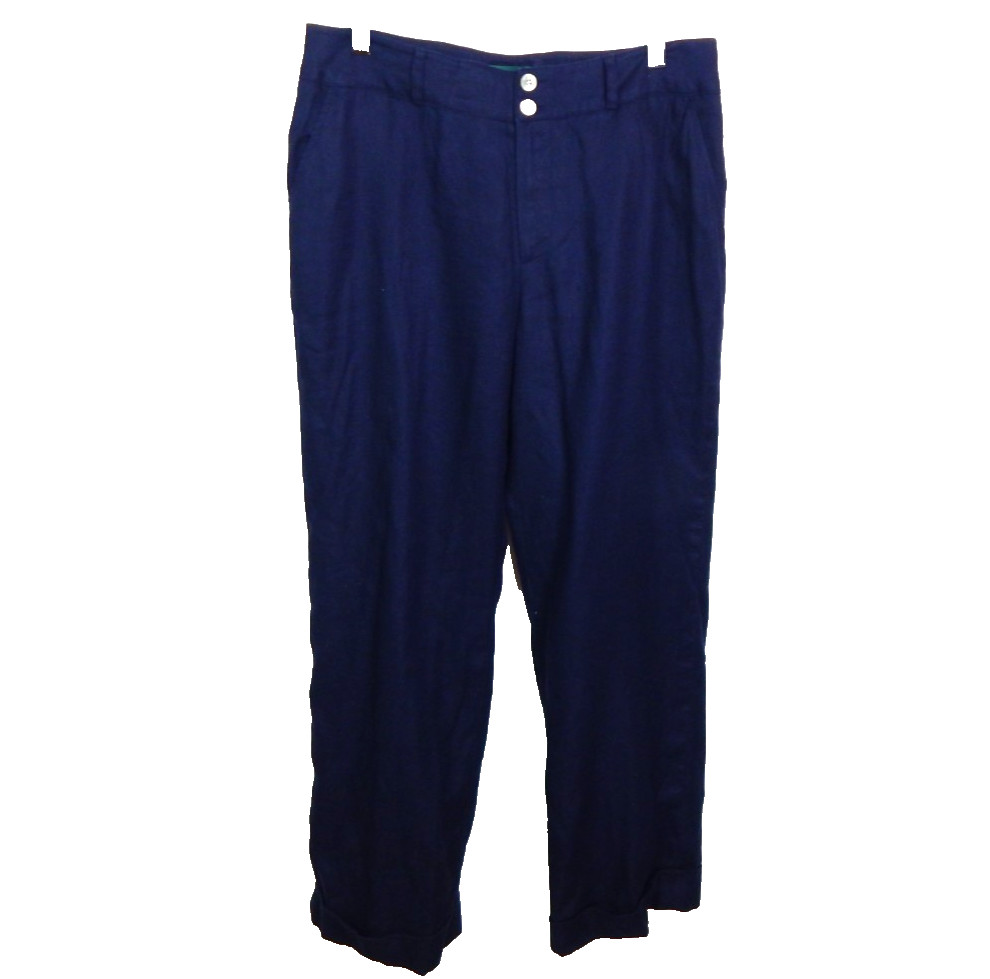 Lauren Ralph Lauren Women 10P Linen Pants Navy Straight Wide Leg High Rise Cuff