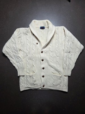 Vintage Wollpullover Woodward Zopfmuster Knopfleiste Creme 90er
