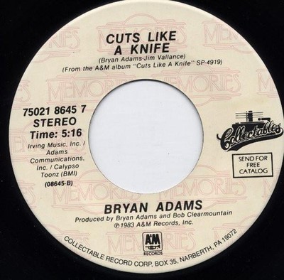 Bryan Adams Straight From the Heart / Cuts Like A Knife 7'' vinyl USA A&m 7''