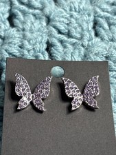 Purple Rhinestone Pave Butterfly Stud Earrings Silvertone 5/8 inch