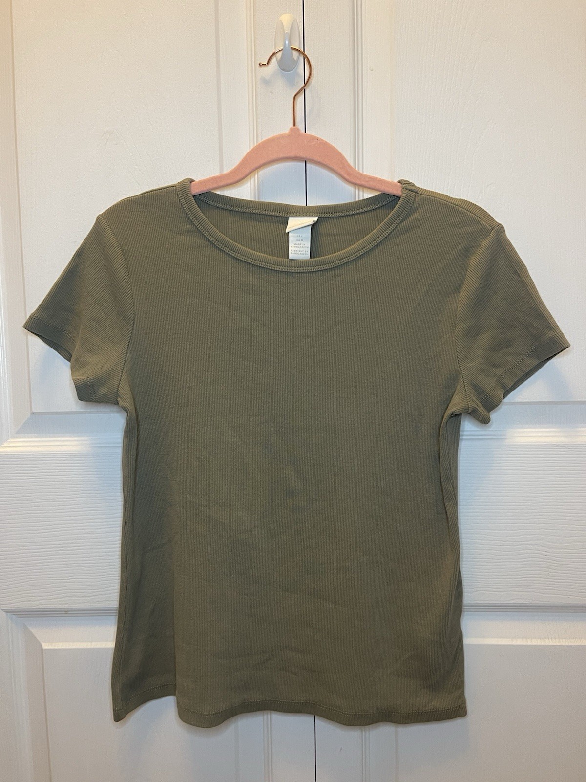 H & M Basics Women's Short Sleeve Ribbed Crew Neck - Beige/Taupe - Large