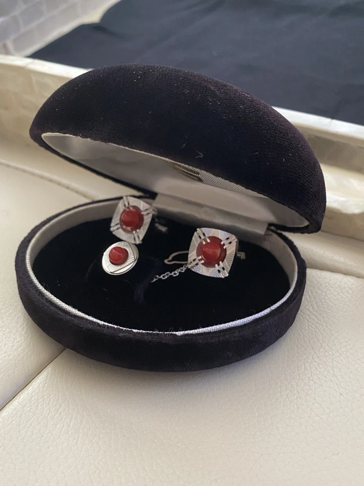 Juego de 3 piezas de gemelos y corbata coral natural caja de regalo tono plata vintage-NUEVO Foto 3 de 4