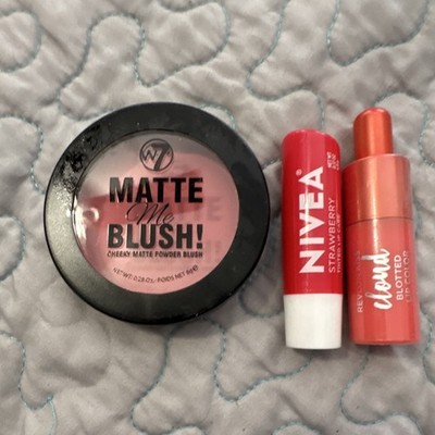 W7 Matte Me Blush, Nivea Strawberry, Revlon Cloud Blotted Lip Color Lot