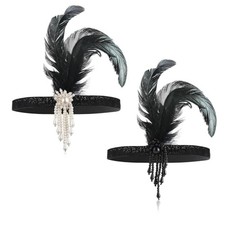 ElevateTech 1920s Flapper Headband, 2Pcs Flapper Feather Headpiece Black, White
