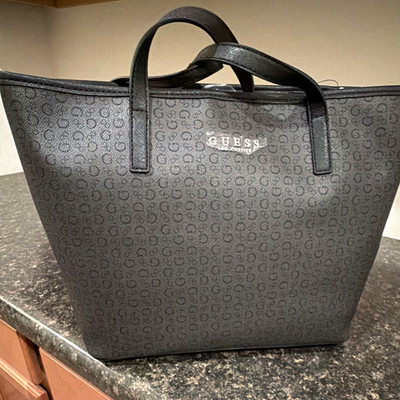 GUESS Keira Large Gray Monogram Tote, Magnetic Closure, Inner Pockets, Zip Pouch
