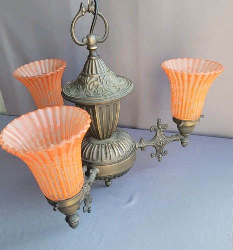 Vintage Art Nouveau Style Chandelier Orange Shades Country House Interiors - Picture 2 of 16