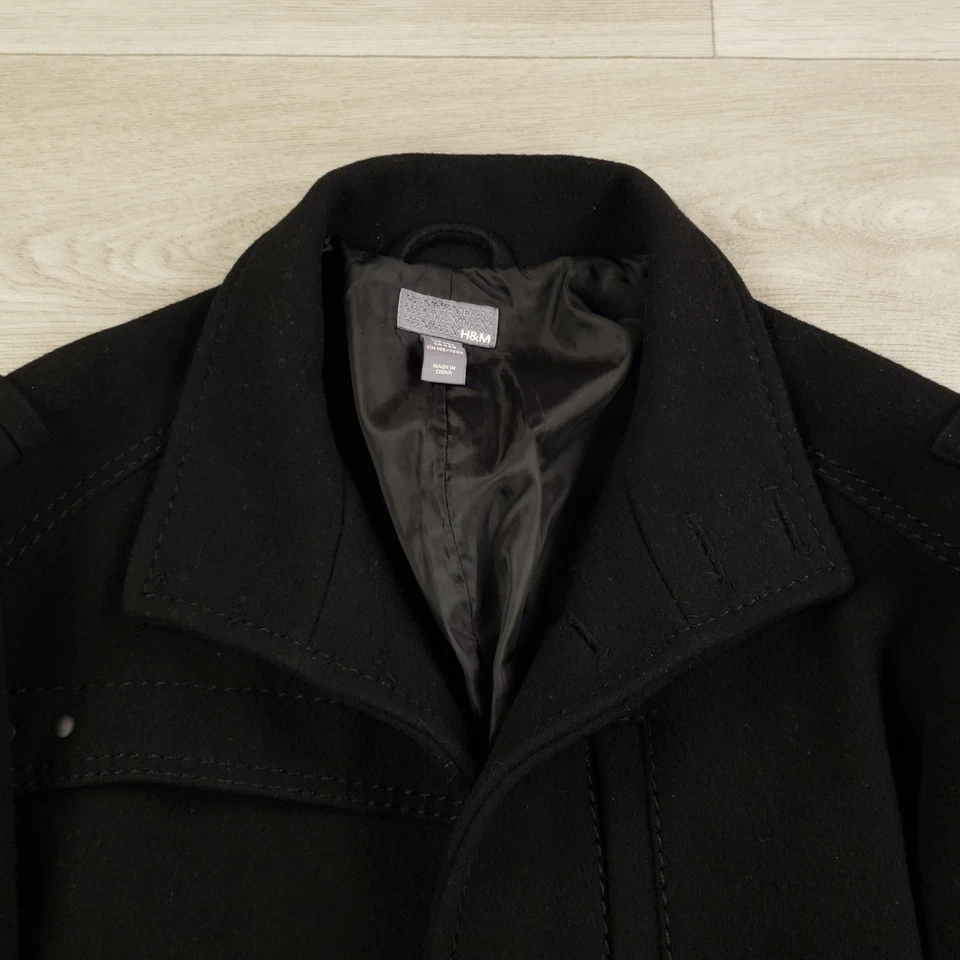 H&M Overcoat Men's Size 44R Black Wool Blend Button Up Pockets Lined Collared - Image 2 of 4