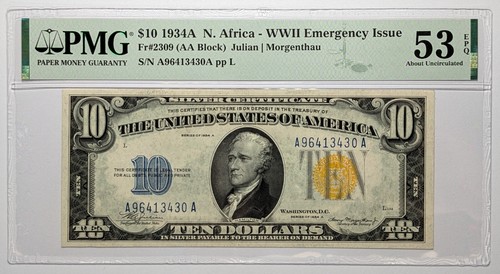 1934A $10 North Africa WWII Emergency Note Fr#2309 PMG AU 53 EPQ