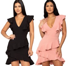Sexy Fashion Ruffle Detail Back Zipper Layered Asymmetrical Hem Mini Dress