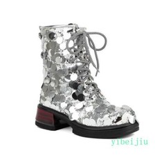 Sequins Ankle Boots Block Heel Performance Casual Women's Lace Up Shoes Bling SZ