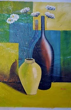 ORIGINAL HAND PAINTED OIL ON CANVAS JARS VASES  YELLOW/GREEN /TEAL/BLUE SIGNED
