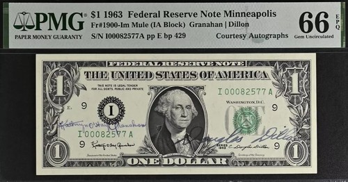 2-Consecutive 1963 $1 FRN - PMG 66EPQ - Courtesy Autograph - Granahn / Dillon - Picture 4 of 5