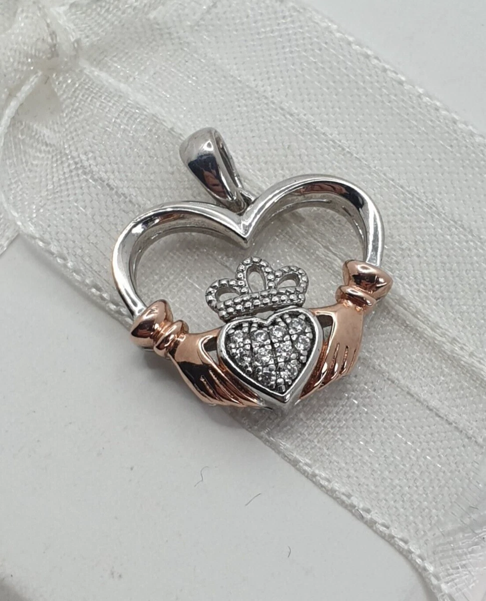 925 Sterling Silver Claddagh Heart Pendant with Rose Gold and Cubic Zirconias