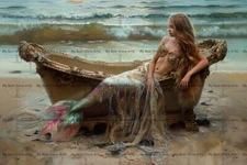 MERMAID in BATHTUB ART PRINT, Wall Decor Siren Poster, Cottagecore Artwork D406