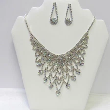 Silver Iridescent Rhinestone Necklace Set Wedding Prom Formal Evening #11815